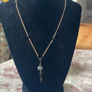 EUC Vintage Gold Necklace With Large Green Bead Accented With Small Blue Beads
